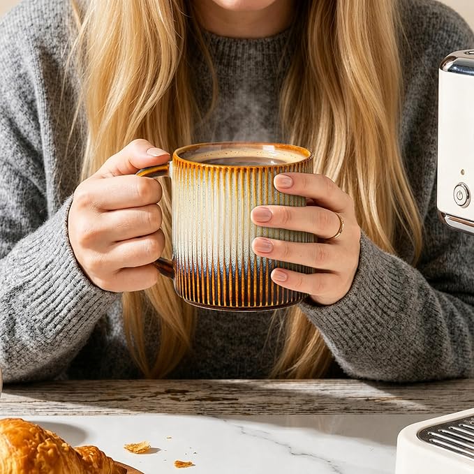 theterra Ceramic Coffee Mugs Set of 6, 14.2oz Handmade Coffee Cups with Handle for Latte, Tea, Milk, Beer, Hot Cocoa, Dusk Blue