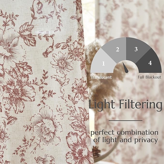 jinchan Linen Blend Curtain Floral Curtains for Living Room 63 Inch Length Christmas Brick Red Printed Curtain Rod Pocket Back Tab Farmhouse Peony Flower Patterned Drapes Curtains Set 2 Panels