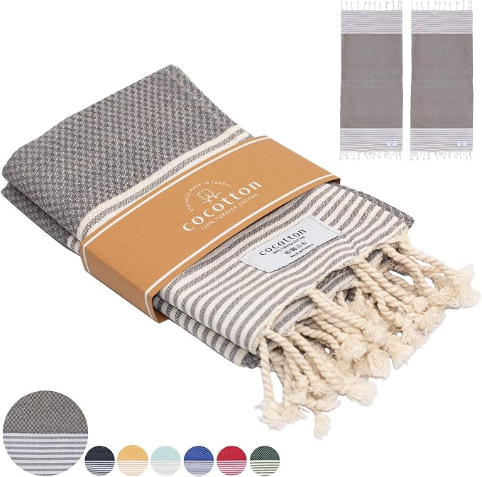 Boho Striped Turkish Hand Towels Set of 2 | 100% Cotton, 16 x 40 Inches | Decorative Bathroom Hair Face Gym Yoga Dishcloth Tea Kitchen Light Weight Quick Dry Farmhouse Towel (Grey)