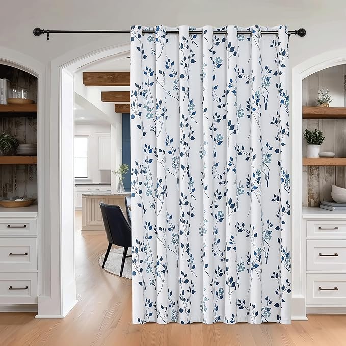 Beauoop Floral 100% Blackout Curtains 84 Inch Length 1 Panel for Patio Sliding Door Extra Wide Navy Blue Flower Patterned Divider Room Darkening Thermal Soundproof Grommet Window Drapes, 100x84, 1 set