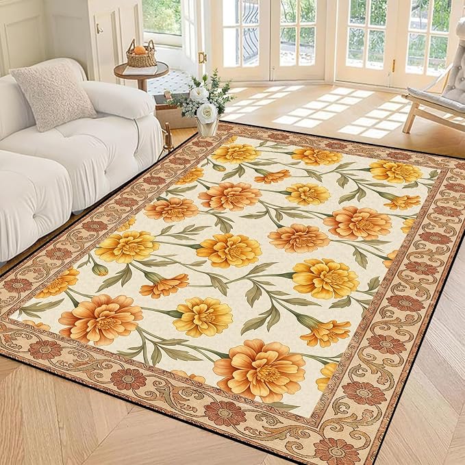 Marigold Floral Area Rug Vintage Boho Rug Bordered Non-Slip Washable Floor Mat for Bedroom Living Room Nursery Kitchen Playroom Home Decor,4'x6'