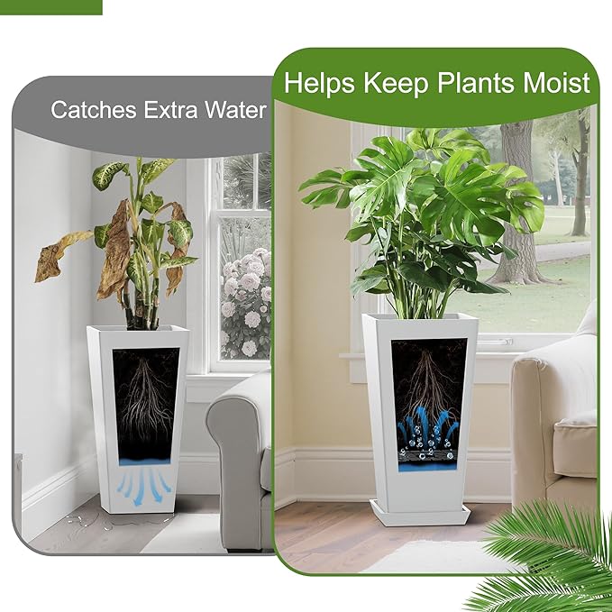 24" Tall Planters for Outdoor Plants, Set of 2 Large Outdoor Planters for Front Porch Decor with Drainage Hole, Tall Planter(White)