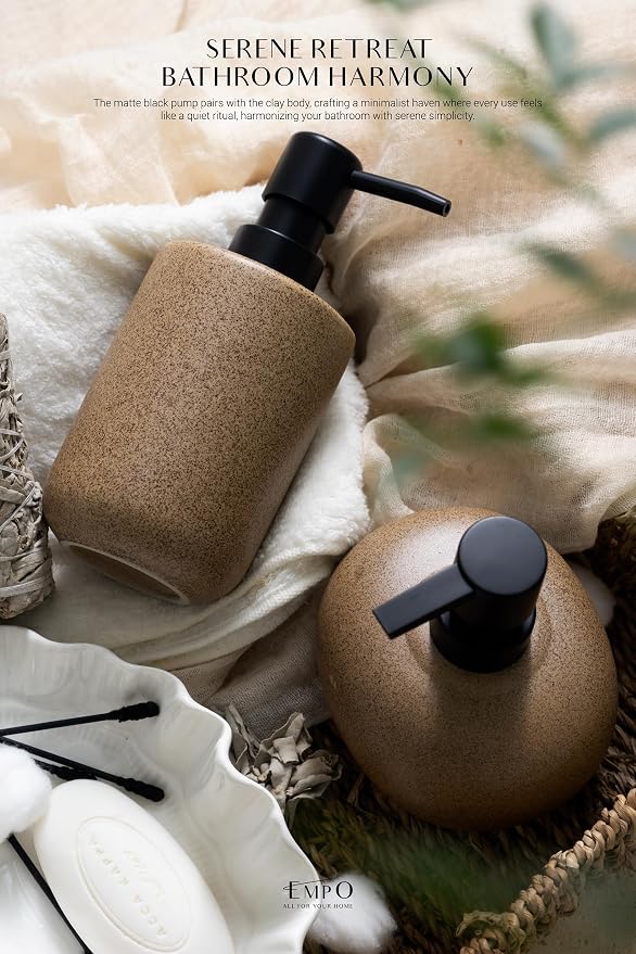 EMPO Ceramic Hand Soap Dispenser with Matte Black Pump, Stone-Textured Wabi-Sabi Liquid Dispenser for Bathroom Vanity and Kitchen Sink (300ml/10.14oz)