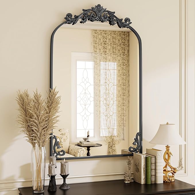 VooBang 24x36 inch Vintage Arched Bathroom Mirror - Gorgeous Wall Vanity Mirror with Beautiful Retro Top and Bottom Engraving Process Frame for Entryway Hallway Living Room, Black