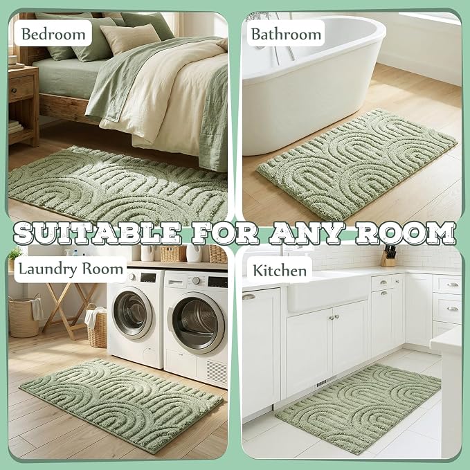 Drydiet Sage Green Boho Jacquard Bathroom Rug for Bathroom 3D Arched Stripes Non Slip Absorbent Extra Thick Soft Carpet, Plush Bath Rug with Rubber Backing for Bath Shower, 20''x30''
