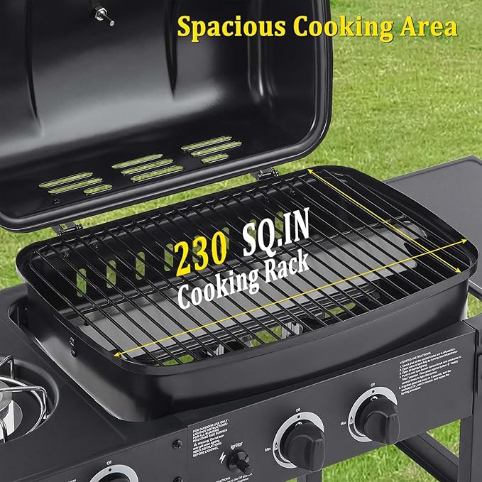 Unovivy 2-Burner Portable Propane Gas Grill with Side Burner, BBQ Grill with Built-in Thermometer, 24,000 BTU Small Camping Barbecue Grills with Oil Tray for Outdoor Cooking, Patio, Garden