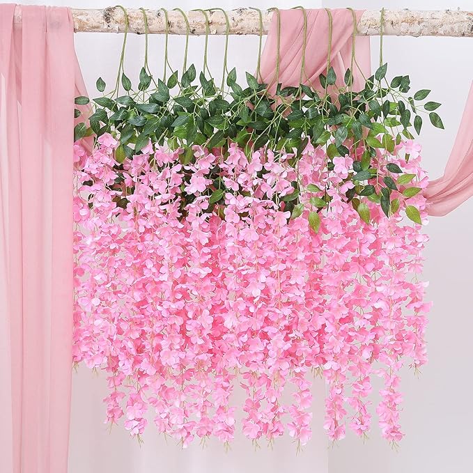 Duovlo 12 Piece Artificial Silk Wisteria Vine 3.6 Feet Ratta Hanging Flower Garland String Home Party Wedding Decor (Light Pink)