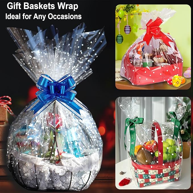 100 ftx34 in Extra Wide Clear Cellophane Wrap Roll with Irregular White Dot, Transparent Thicker Cellophane Roll, Gift Baskets Wrap Cellophane Film for Treats, Gifts, Holiday, Christmas Wrapping