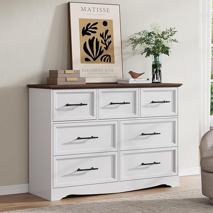 White Dresser for Bedroom, Modern 7 Chest of Drawers, 47" Wide Chest of Drawers w/Brushed Metal Handle, Wood Closet Organizers and Storage Cabinet for Bedroom, Living Room, Hallway