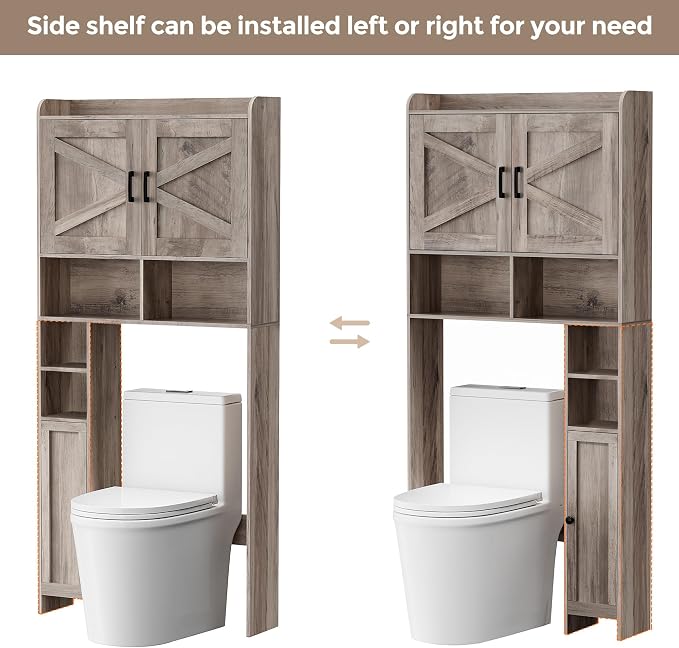 Homhedy Over The Toilet Storage Cabinet with 2 Barn Door and Toilet Paper Holder Stand, FreeStanding Toilet Shelf Space Saver, for Bathroom, Restroom, Laundry, Greige