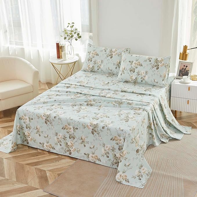 Brandream French Country Garden Toile Floral Print Bed Sheet Set Luxury Bedding Collections 800TC 100% Egyptian Cotton Tapestry Pattern Chinoiserie Peony Blossom Tree Branches, 4Pcs-Queen Size