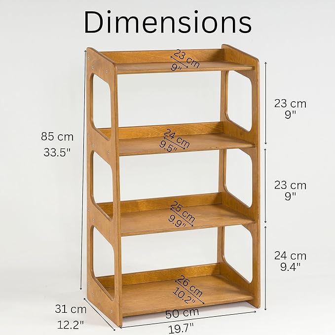 Montessori Bookshelf for Toddlers Solid Wood Toy Storage Shelf Organizer for Playroom and Classroom Floor Bookshelf for Kids Room (Oak, 4-Shelves)