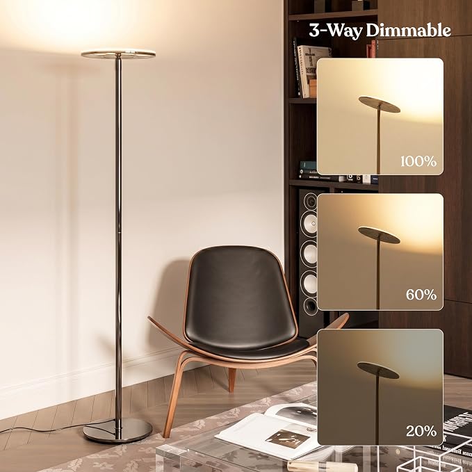 Brightech Sky LED Floor lamp, Torchiere Super Bright Floor Lamp for Living Rooms & Offices - Dimmable, Tall Standing Lamp for Bedroom Reading - Black Chrome