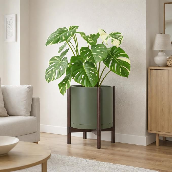 D'vine Dev Planter Pot with Stand - 14 Inch Plastic Cylinder Flower Pot with Wood Planter Holder for Indoor, Olive Pot + Walnut Color Stand, 55-C-R-4