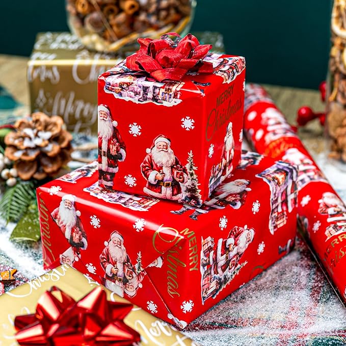 MAYPLUSS Christmas Wrapping Paper Roll - 17IN X 33FT - Red Gift Wrapping Paper Featuring Santa Claus Fireplace Against Red Reversible Merry Christmas for Kids, Holiday, New Year