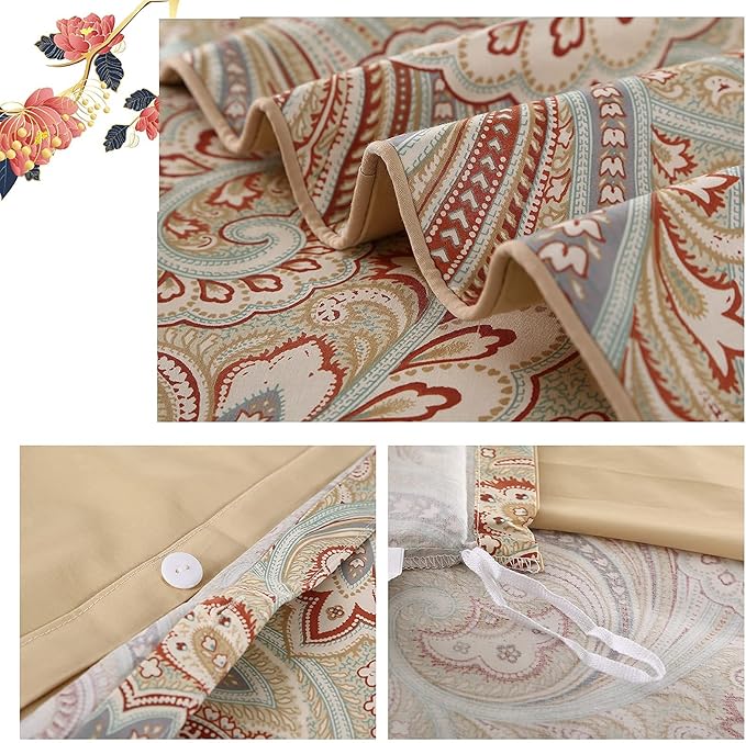 VM VOUGEMARKET Gold Duvet Cover Set King with Paisley Prints,100% Sateen Egyptian Cotton 3 Pieces Boho Damask Medallion Bedding Set,Luxury Elegant Duvet Cover with Button Closure-King,Golden