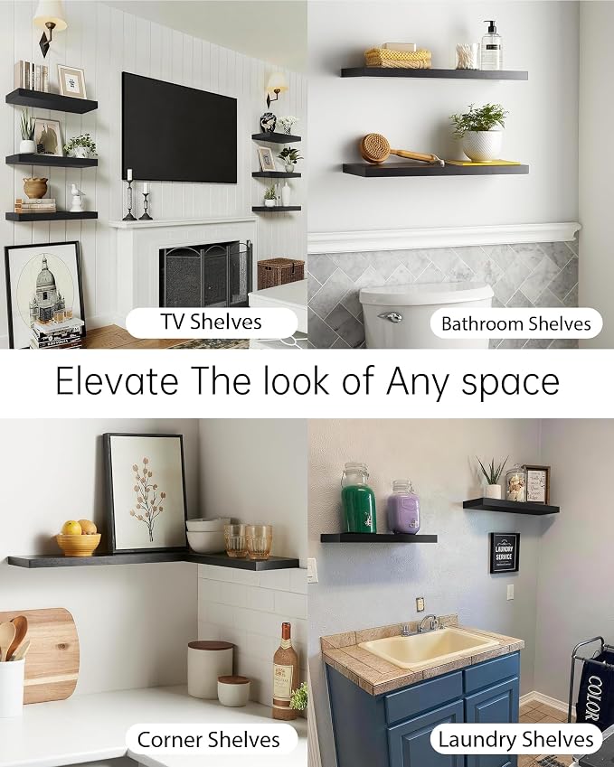 BAYKA Floating Shelves Set of 2, 22.5 inches Black Wall Mounted Shelves for Bathroom, Bedroom, Living Room, Kitchen & Book, Hanging Display Decor Organizer Shelf with 22 lbs Capacity