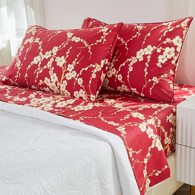 Brandream Sheets Set Twin Size Japanese Oriental Style Cherry Red Floral Blossom Branches Print Chinoiserie Bedsheets Pillowcases Set 100% Egyptian Cotton Sateen Botanical Tree Deep Pocket, 4 Pieces