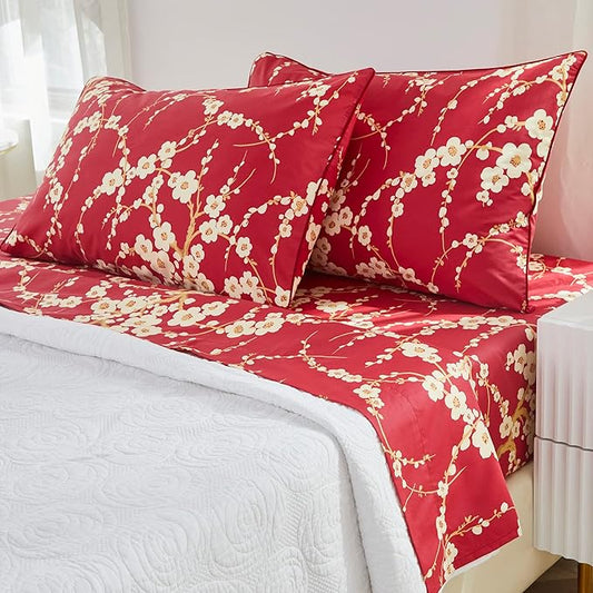 Brandream Floral Sheet Set King Size Japanese Oriental Style Cherry Red Blossom Flower Branches Print Chinoiserie Bedding Pillowcases Set 800TC Egyptian Cotton Sateen Botanical Tree Deep Pocket, 4 Pcs
