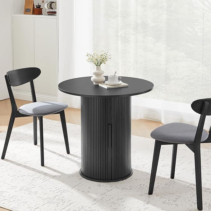 31.5" Round Dining Table for 2-4, Modern Kitchen Table with 2-Tier Storage Shelf, Small Wooden Circle Dining Tables with Fluted Base for Home Dining Room Living Room (Black)
