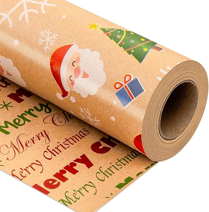 Yarcony Kraft Christmas Wrapping Paper Roll, Reversible Santa Wrapping Paper, Cute Santa, Tree & Merry Christmas Letterings Pattern Thick Holiday Gift Wrap for Winter Celebrations (17 Inch X 33 Feet)