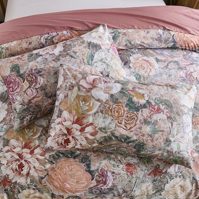 100% Cotton Duvet Cover Queen Size – Vintage Floral Duvet Cover Set with Zipper Closure & Corner Ties, 3-Piece Luxury & Silky Soft Bedding Set for All Seasons