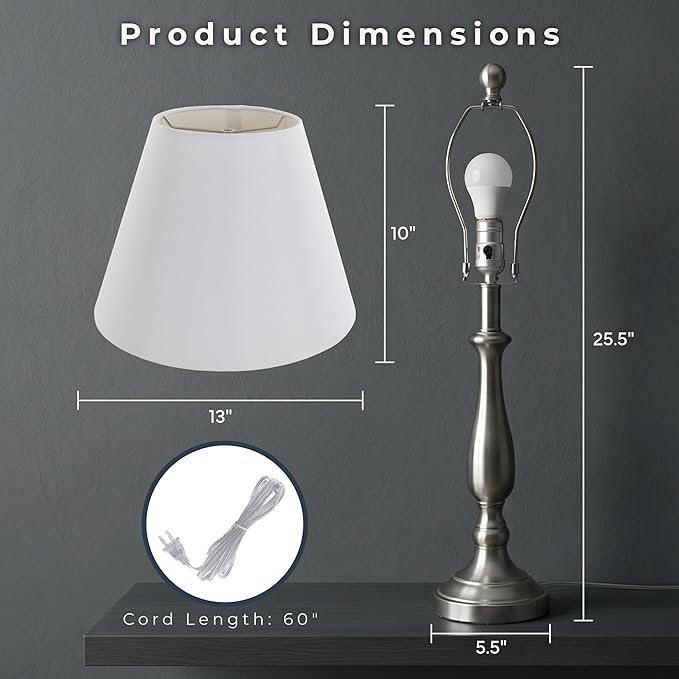 Brushed Steel Table Lamps - Set of 2 Traditional Accent Lights with LED Bulbs - Home Décor for Bedroom, Living Room, Office, or Entry by Lavish Home
