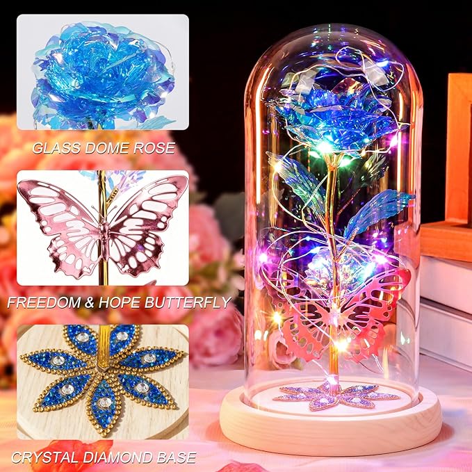 Beferr Birthday Gifts for Women Mom, Galaxy Glass Rose Forever Preserved Flowers for Delivery Prime Eternal Rose in Glass Dome Christmas Mom Gift for Grandma Wife Sister Her Friends, Blue