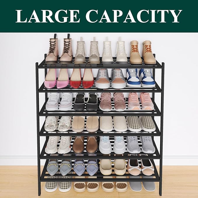Smiry Long Bamboo Shoe Rack 6-Tier, Stackable Wooden Shoe Organizer for Entryway & Closet, Free Standing Wood Shoe Storage Shelf for Front Door & Small Spaces, Black