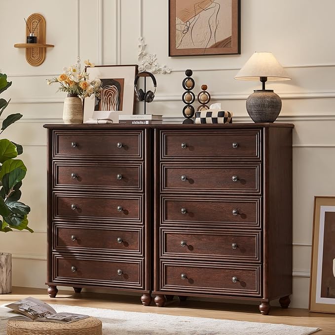 Farmhouse 5 Drawers Dresser Set of 2 for Bedroom, Wood 45" Tall Chest of Drawers, Dresser Rustic Storage Dressers Organizer with Metal Handle Closet for Living Room, Hallway Entryway(Walnut)