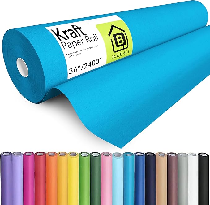 BAIJIALI 36" x 2,400" (200') Kraft Paper Roll for Craft Bulletin Board Paper Art Table Covering Crafting Gift Wrapping Bouquet Packing Parcel (Lake Blue, 36" x200')