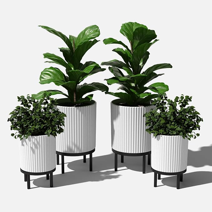 Veradek Demi Series Round Planter w/Stand for Porch/Patio | Durable Plastic-Stone Composite & Wooden Stand | Modern Décor for Tall Plants, Flowers
