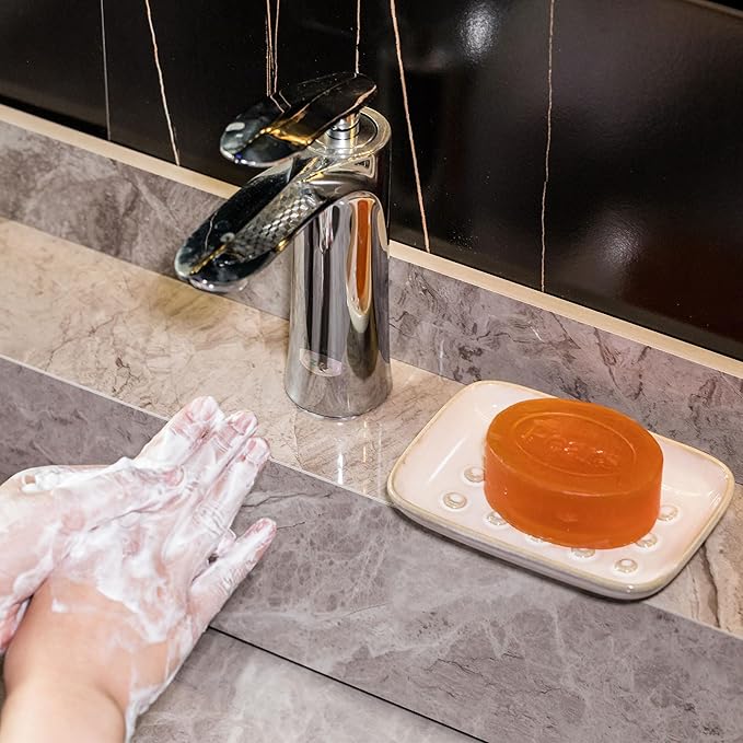 Miamolo Soap Dish for Shower, Ceramic Soap Dish Non-Slip Soap Holder Bar Saver Tray for Bathroom Kitchen Sink, Floating Point Design Save Soap Loss