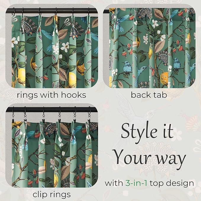 Sage Green Printed Pattern Curtains 96 Inches Long for Living Room,Farmhouse Floral Vintage Art Deco Drapes,Pinch Pleated Blackout Hummingbird Lemon Patterned Window Treatment for Bedroom 2 Panels