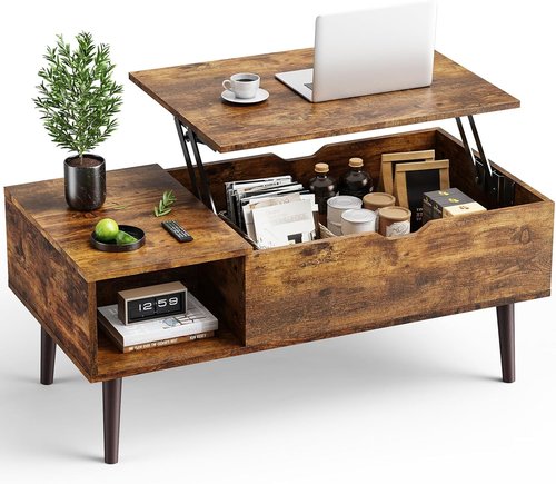 OLIXIS Wooden Coffee Table - Lift Top Design with Hidden Storage Compartment | Rustic Style for Small Spaces