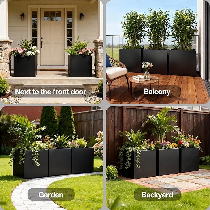 Metal Planter Box, 26" x 26"x 26", Heavy-Duty Galvanized Steel Outdoor Planter with Drainage Holes, Rectangular Planter for porches, Gardens, patios, and courtyards，Black