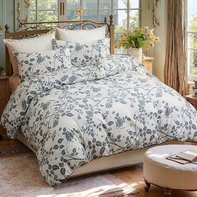 Bedding_Dreamer Comforter Set King Size Botanical Leaf Comforters 100% Cotton Comforter Blue Floral Bedding Sets Soft Breathable 3 Pcs