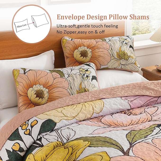 Dintszyayue Pink Quilt Set Queen,3 Pieces Floral Bedspreads Lightweight Coverlet Set for All Seasons, Reversible Quilted Printed Bedding Set with 2 Pillow Shams