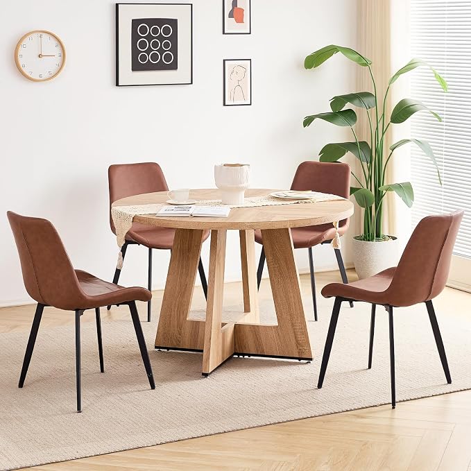 47 inch Round Dining Table Set for 4 with Chairs Kitchen Table and Chairs Set Mid-Century Modern Round Wood Kitchen Tables with Upholstered Synthetic Leather Chairs Set of 4
