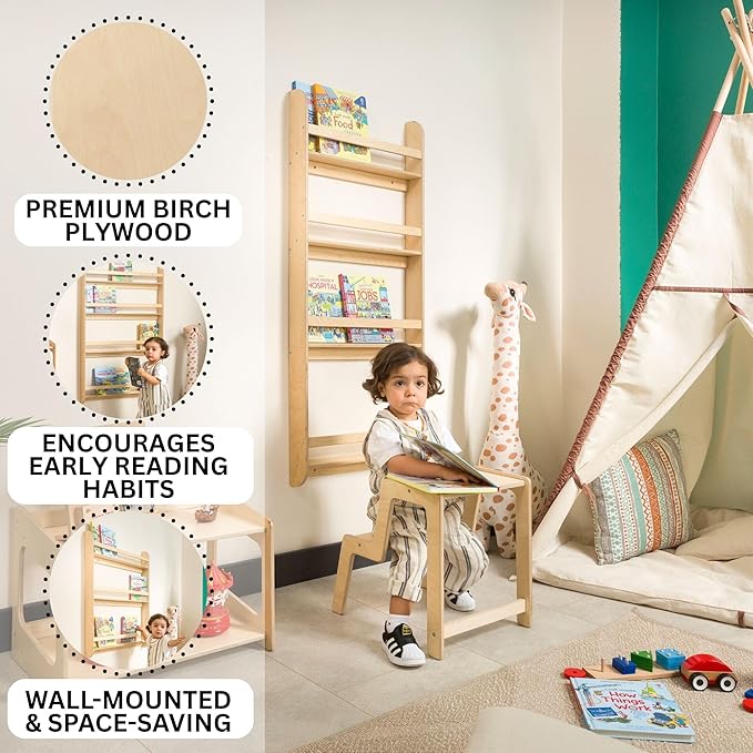 Montessori Wall-Mounted Bookshelf for Toddlers Toy Storage Shelf Organizer for Playroom and Classroom Floor Bookshelves for Kids Room (Natural, L, 4)