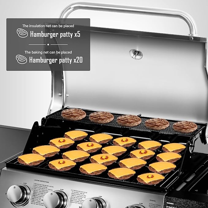 MASTER COOK 4 Burners Gas Grill, 518 Sqin Cooking Area, 52,000 BTU Propane Grill with Side Burner, Stainless Steel Cabinet Grill, Silver & Black