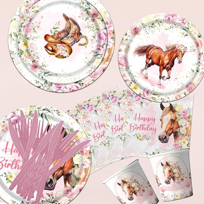 Horse Birthday Decorations Tableware,171PCS Cowgirl Floral Themed Birthday Tea Party Supplies,Flower paper plates,Horse napkins,Forks,Horse Table Cloth,for Girls Rodeo,Bachelorette Fairy Parties