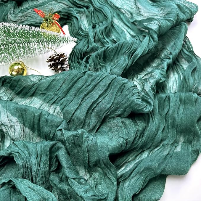 Booque Valley Christmas Table Runner 3 Pack Green Cheesecloth 10ft Soft Boho Wrinkled Decorative Gauze Sheer for Holiday Party Baptism Wedding Centerpiece Table Decor, 35x120 Inch