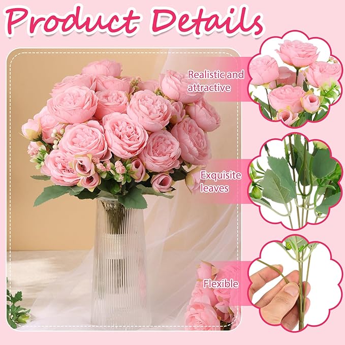 Olgaa 12 Bundles Peonies Artificial Flowers Artificial Peonies Silk Flowers Bulk Fake Peony Bouquet for Bridal Shower Decorations Wedding Table Centerpiece (Light Pink)