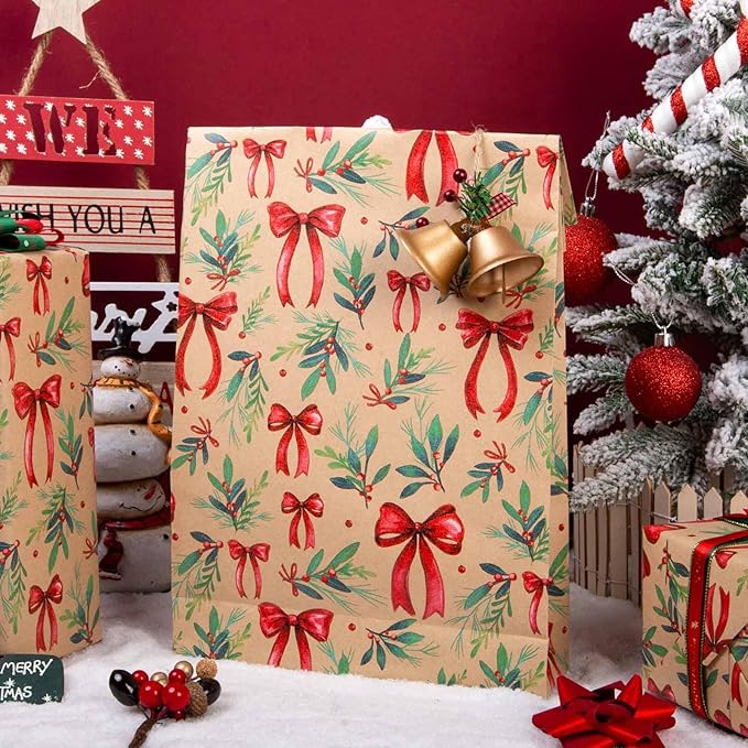 MAYPLUSS Christmas Wrapping Paper Roll - 17IN X 33FT - Kraft Gift Wrapping Paper Featuring Cute Bow Christmas Holly Reversible Cut Lines for Kids, Holiday, New Year