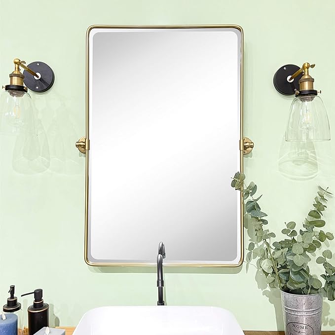 TEHOME Gold Pivot Rectangle Bathroom Vanity Mirrror Farmhouse Tiltable Rounded Metal Framed Pivoting Bathroom Mirror with Beveled Mirrror, Overall 26.91 x 35 inches (Mirrror 23 x 35 inches)