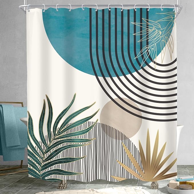 KOMLLEX Mid Century Boho Shower Curtain for Bathroom Decor Abstract Blue Modern Minimalist Grey Aesthetic Sun Arch Curve Leaves Geometric Neutral Fabric Waterproof Polyester 12 Pack Hook 60Wx72L
