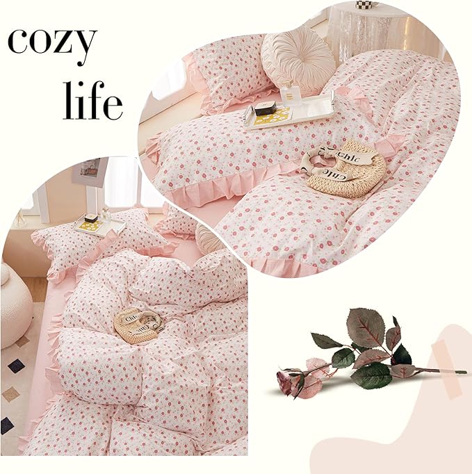 Garden Pink Floral Comforter Set Twin XL French Style Girls Flowers Comforter Fluffy Soft Chic Floral Bedding Set Vintage Botanical Ruffled Comforter with 2 Pillowcases Pink Flower Lace Comforter Set