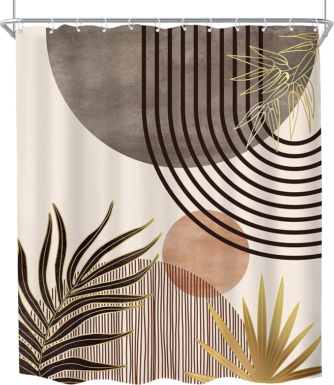 KOMLLEX Mid Century Boho Shower Curtain for Bathroom Decor Abstract Grey Modern Minimalist Brown Aesthetic Sun Arch Curve Leaves Geometric Neutral Fabric Waterproof Polyester 12 Pack Hook 60Wx72H