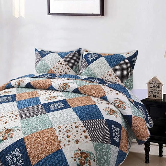 Dinjoy Reversible Patchwork Quilt Bedding Set King Size Blue Green Grey Plaid Floral Pattern Bedspread Set Soft Microfiber Coverlets Bed Set 3 Pieces Fall Autumn All Season Use